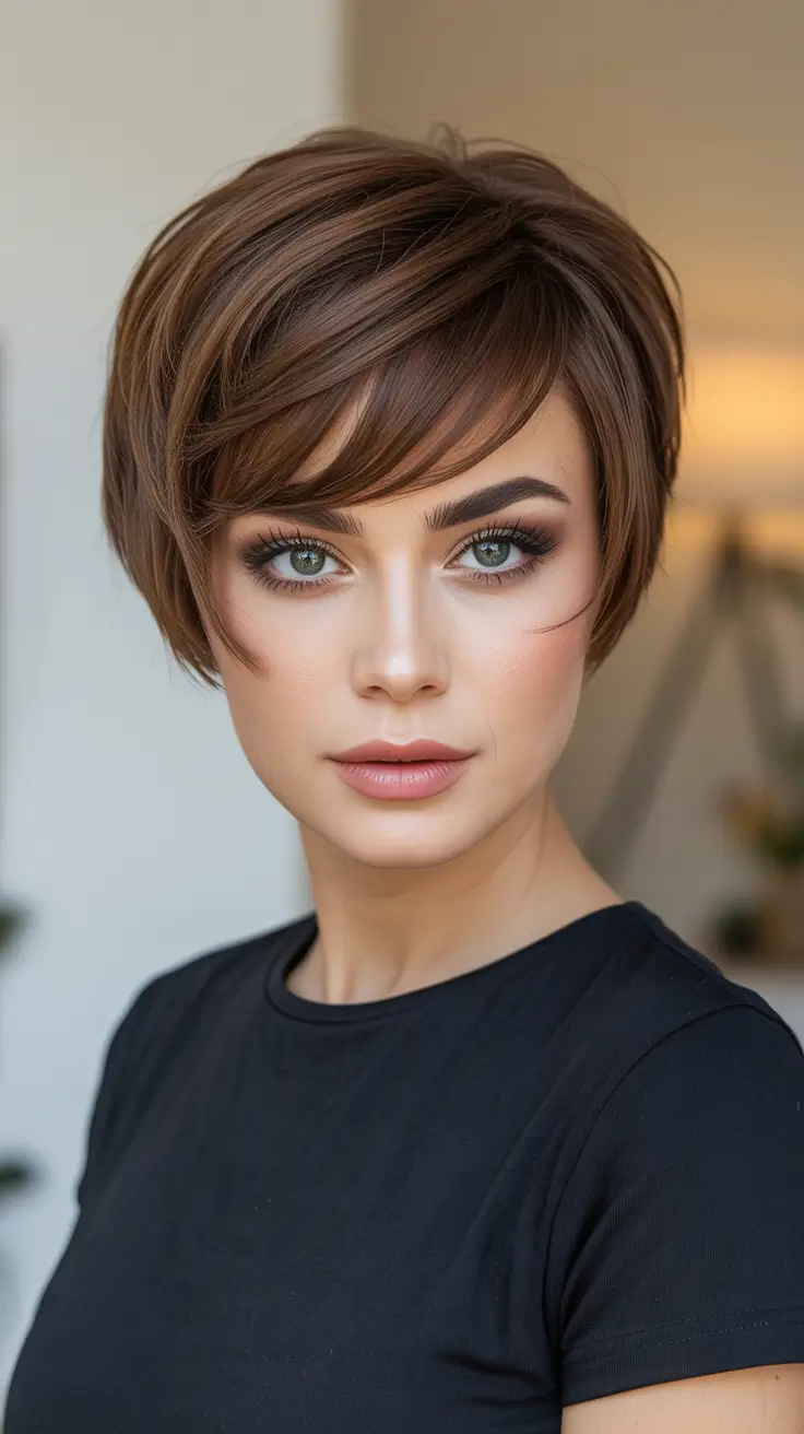 Short hairstyle ideas 2026 Layered Chocolate Bob With Soft Side Bangs