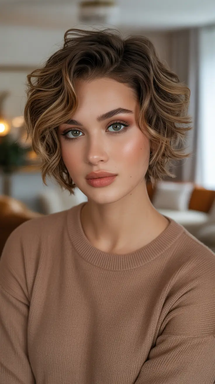Short Hairstyle Ideas 2026 - Soft Caramel Wavy Bob