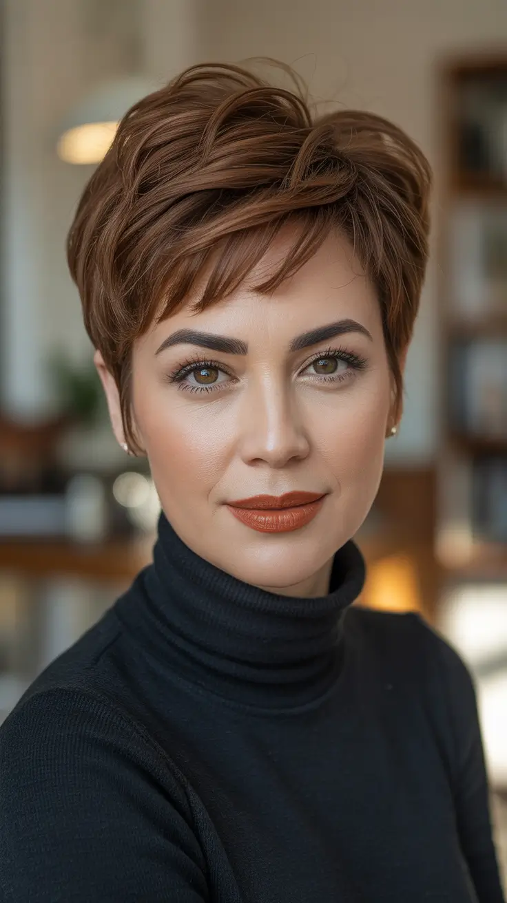Short hairstyle ideas 2026 Chic Chestnut Pixie With Soft Texture