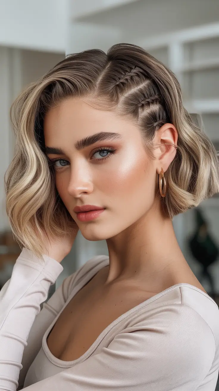 Short hairstyle ideas 2026 Wavy Highlighted Bob With Side Braids