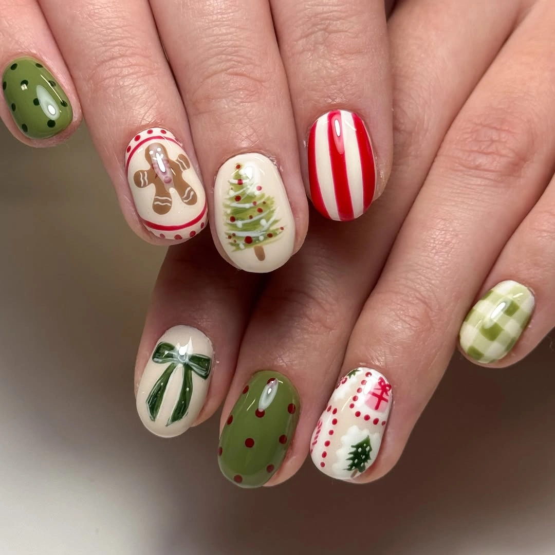 Short rounded nails with stripes, gingham, gingerbread figure, tree, and ribbon