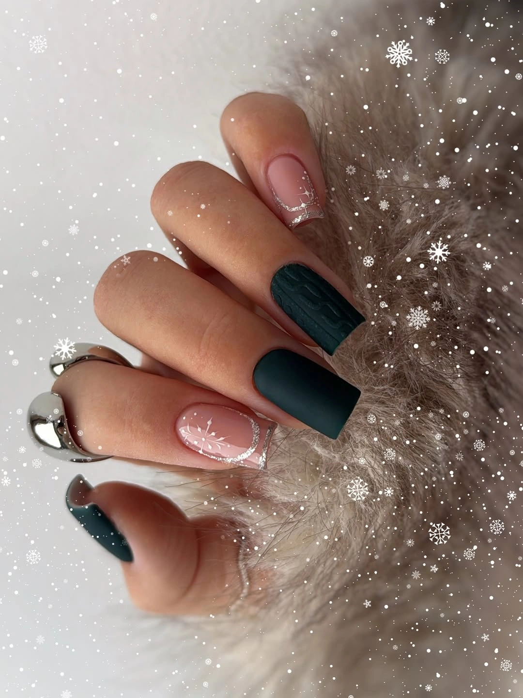 Square forest green nails with textured finish, pink accents, and white snowflake